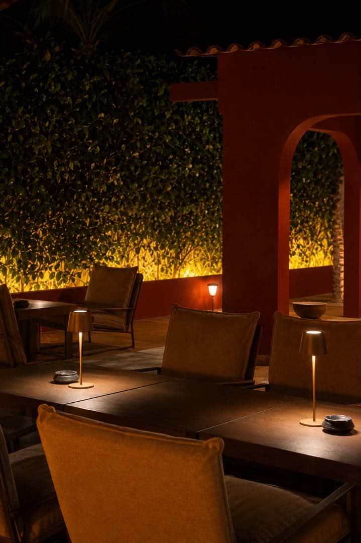 Terrasse lounge de nuit du bar de Gorée Suites : lampes de table, fauteuils et arche rouge illuminée